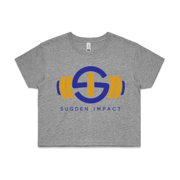 Women's Cropped Tee Blue & Gold Logo White Writing Thumbnail